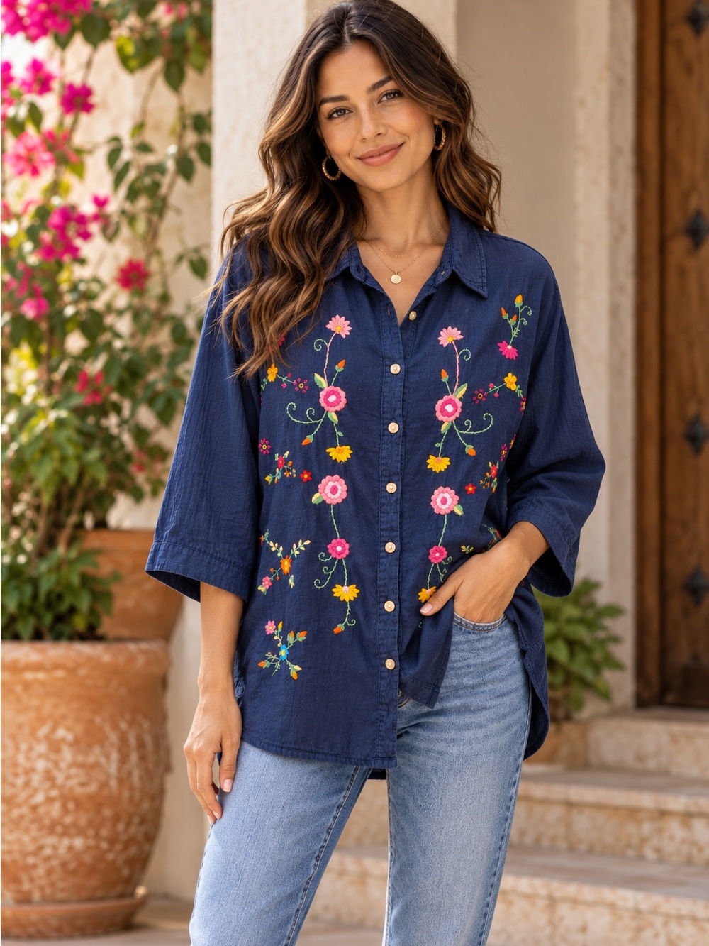 Handcrafted Guatemala Embroidered Floral Cotton Button Shirt Boho Folk Size L